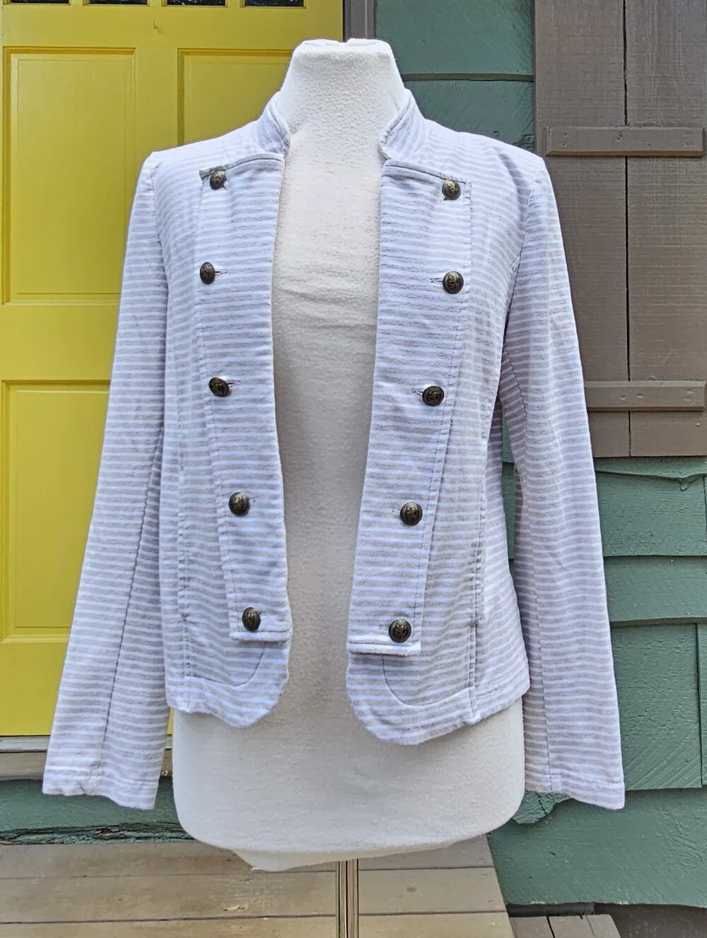 Tommy Hilfiger Striped Military Knit Jacket Brass Crest Buttons Medium